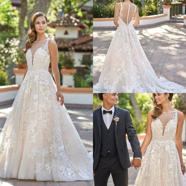 

romantic country wedding dresses lace appliqued 2019 sweep train a line modest wedding dress jewel neck beach boho bridal gowns plus size, White