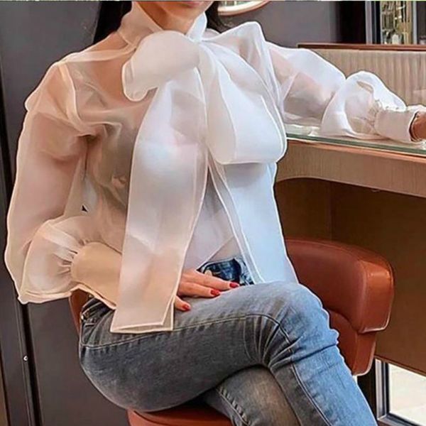 

women elegant see-through sheer mesh blouse puff long sleeve club 2019 new fashion, White