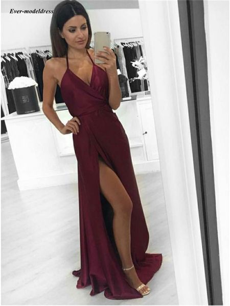 

halter burgundy evening dresses sleeveless backless arabic prom party gowns with side slit detachable train robe 2019, White;black