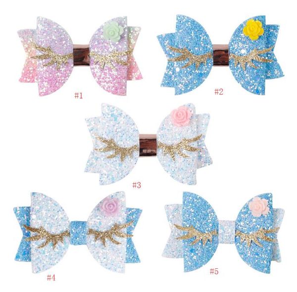 

Glitter leather hair bow lovely wing hair grip with cute golden eye and flower bowknot headwear cute babygirl hair bow, Slivery;white