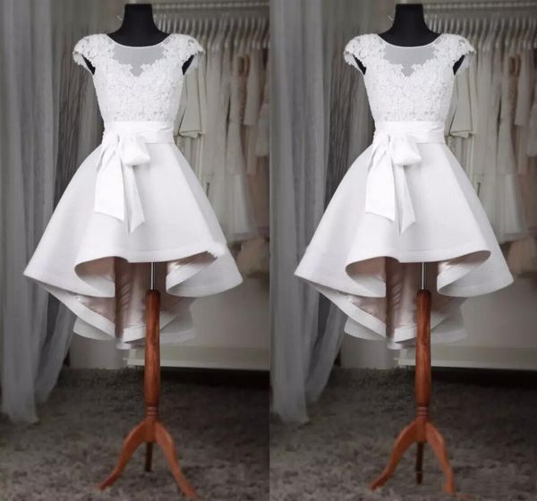 

white short homecoming dresses sheer neck cap sleeves appliques lace satin custom made high low prom dresses, Blue;pink