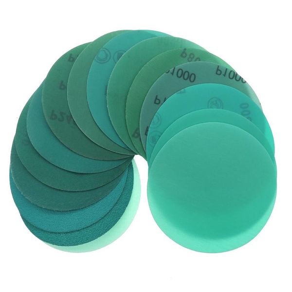 

20pcs 6 inch 150mm 15 holes 60 to 2000 grits hook and loop polyester film green sandpaper sanding disc