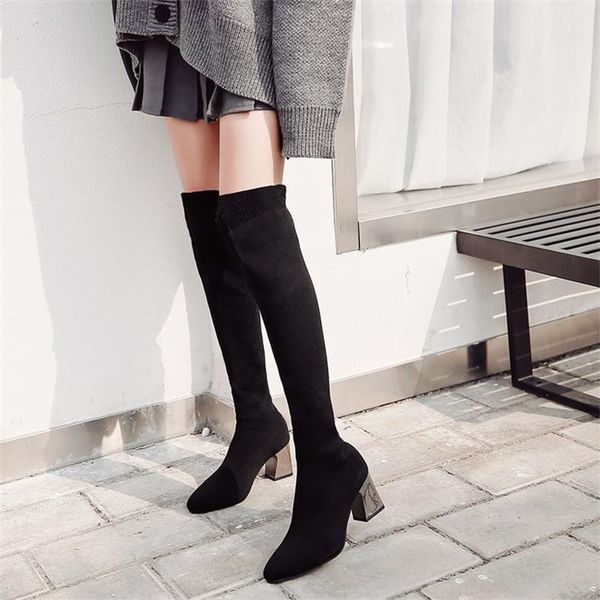 

women's boots autumn and winter thick with knit elastic over the knee boots women's foreign trade pointed high-heeled wool, Black