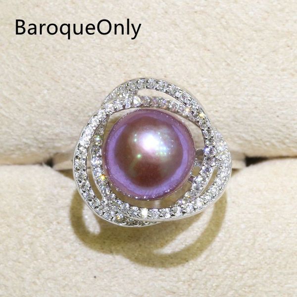 

baroqueonly zircon inlaid 925 rings natural color freshwater pearl 9-10mm edison pearl ring half-baroque fashion jewelry ri&rj, Golden;silver