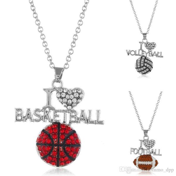 

i love basketball volleyball football necklaces for women crystal ball shape rugby pendant chains fashion sports lover jewelry gift, Silver