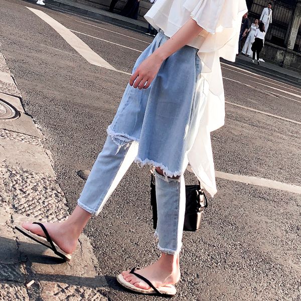 

shredded jeans pant oversized loose high waist hole denim pants trousers hanging casual ripped jeans for women, Blue