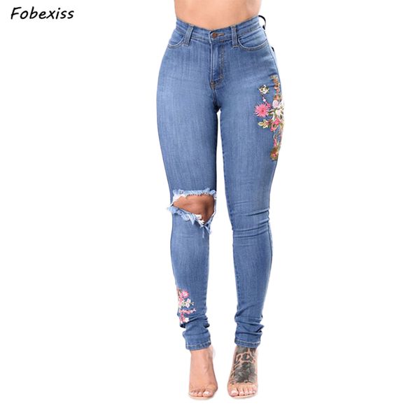 

ripped jeans women 2019 plus size high waist pencil jeans denim skinny streetwear slim push up black embroidery jean pants, Blue