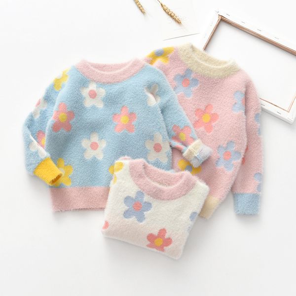 

baby little girl o-neck full sleeves floral sweaters for winter casual cloth, Blue