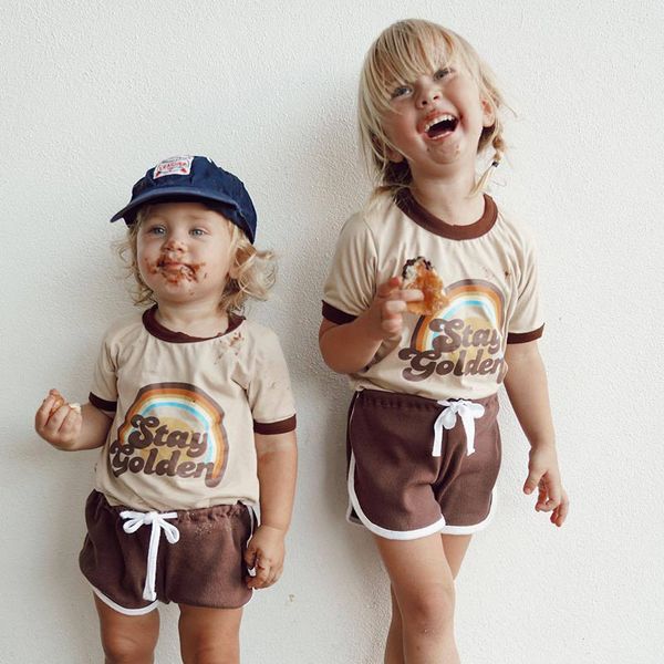 

chifuna new fashion rainbow letter sport sets t-shirt+shorts baby boutique toddler summer outfit little girls clothes for boy t200103, White