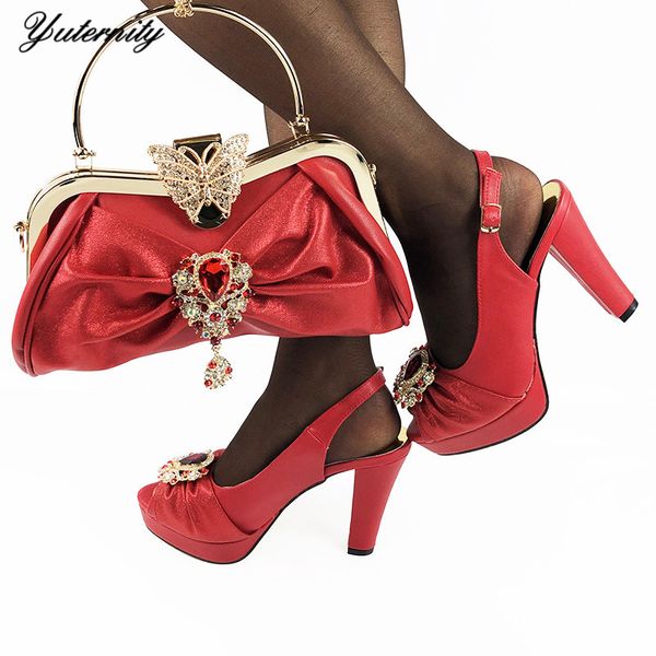 

2020 fashion summer rhinestone women shoes and bag to match set african style high heels shoes with bag set for evening dress, Black