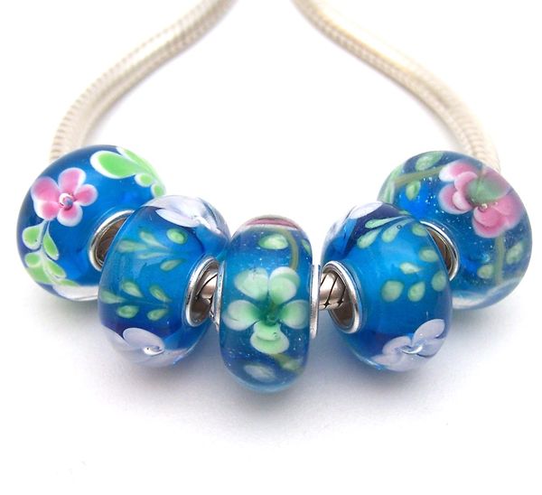 

sbjwg302 5pcs 100% s925 sterling silver beads murano glass beads fit european charms bracelet charms diy jewelry lamp work, Blue;slivery