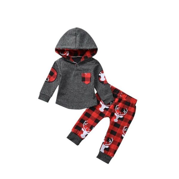 

1-3years christmas elk toddler baby girl boy clothes hood plaid pants warm outfit, White