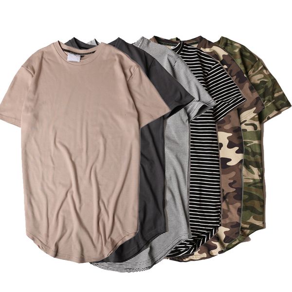 

men 's t-shirt summer solid color curved hem long line camouflage hip hop tshirt elong plain kanye tee shirts men size m-xl, White;black