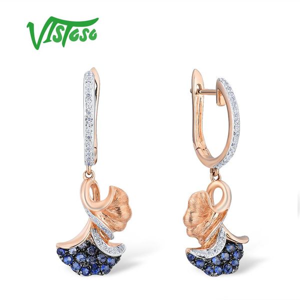 

vistoso 14k 585 yellow gold earrings for women sparkling diamond emerald blue sapphire leaves drop earrings elegant fine jewelry, Golden;silver