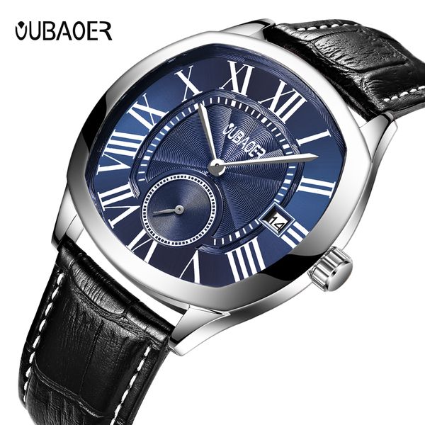 

oubaoer мужские спортивные часы мужчины кварцевые деловые часы кожаный ремешок водонепроницаемый дата наручные часы reloj hombre, Slivery;brown
