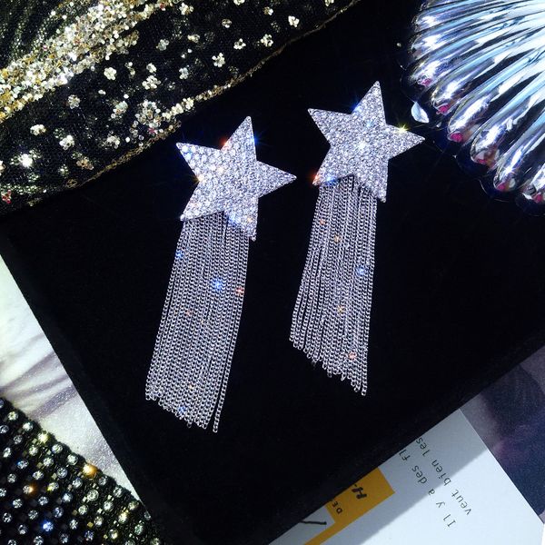 

2019 new arrival zinc alloy trendy women dangle earrings star-studded fringed earrings long-style female jewelry, Silver