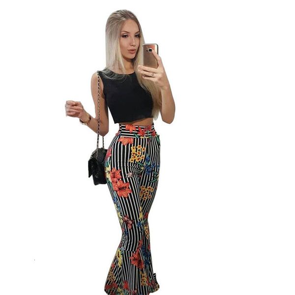 

adogirl sensual sleeveless printing two pieces sets female black tank long flare pants flower pattern casual bohemian set, Gray