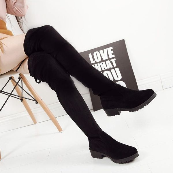 

women's boots female autumn and winter new over the knee boots sleek minimalist plus cotton flat flock botas mujer, Black