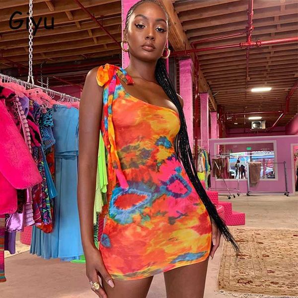 

casual dresses giyu summer dress women 2021 fashion club party tie dye print one shoulder bandage backless mini vestidos, Black;gray