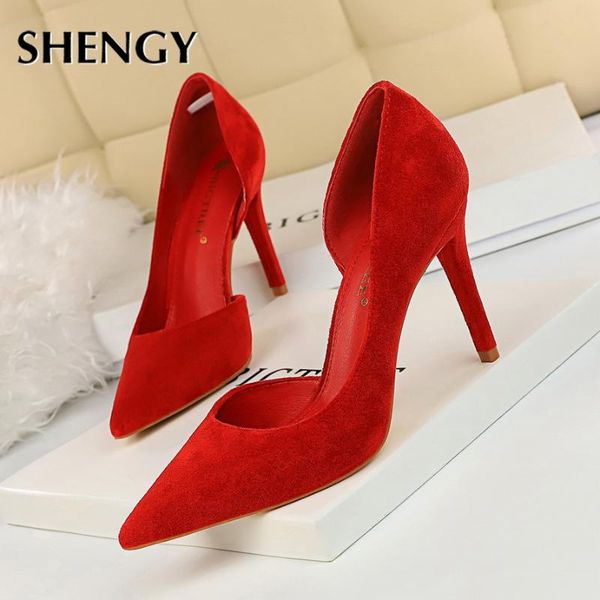 

2020 shengy office flock thin high heels women shallow fashion high heels 9.5cm pumps party shoes, Black
