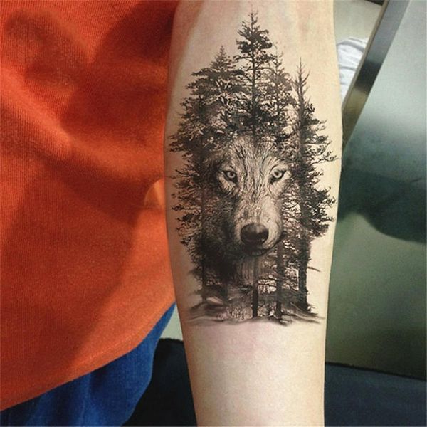 Acheter étanche Autocollant De Tatouage Temporaire Poitrine Loup Forêt Autocollants Flash Faux Tatouages Pour Femmes Hommes Corps Bras Animal Chien