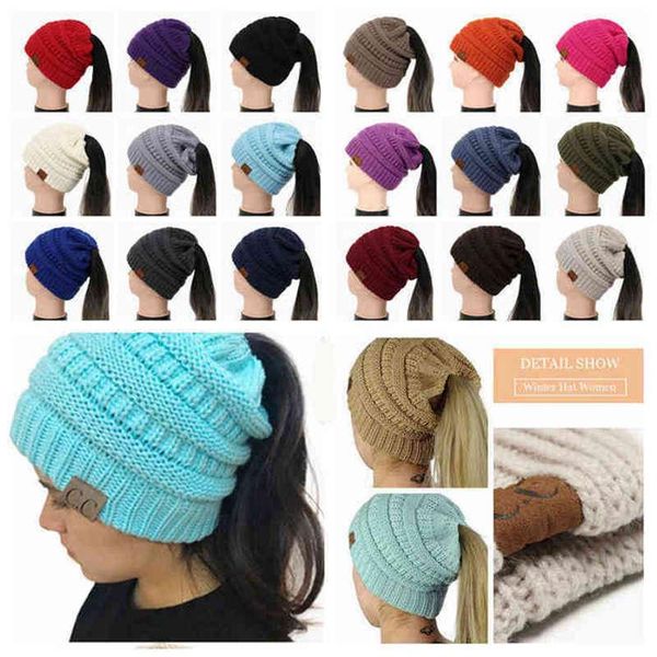 

cc ponytail beanie hat 29 colors women crochet knit cap winter skullies beanies warm caps female knitted stylish hats 30pcs, Blue;gray