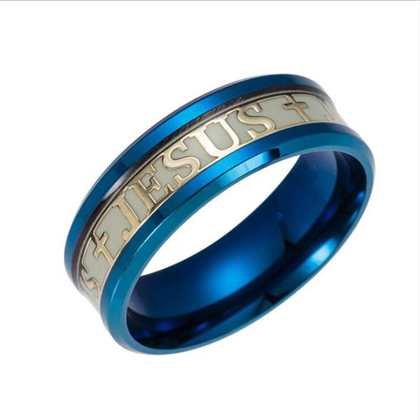 

erluer euramerican rings for men women jesus cross stainless steel luminou glow in dark fluorescent band ring wholesale jewelry, Slivery;golden