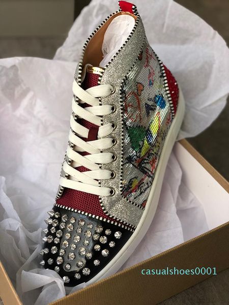 

r sneakers red bottom shoe high cut suede spike luxury shoes for men and women shoes party wedding crystal leather sneakers ac01, Black