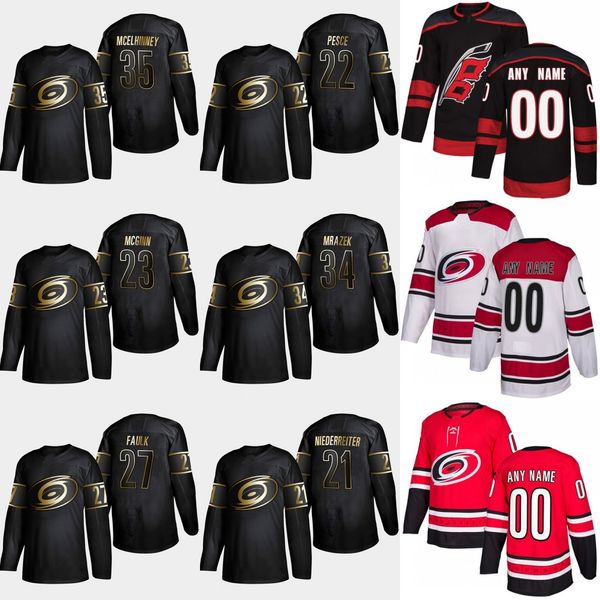 

35 Curtis McElhinney 2019 Golden Edition Carolina Hurricanes Petr Mrazek Brett Pesce Justin Faulk21 Nino Niederreiter 23 Brock McGinn Jersey