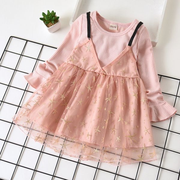 

2019 baby girl summer dress long sleeve o-neck cotton mesh pretty star pink red yellow color kids dresses for girls