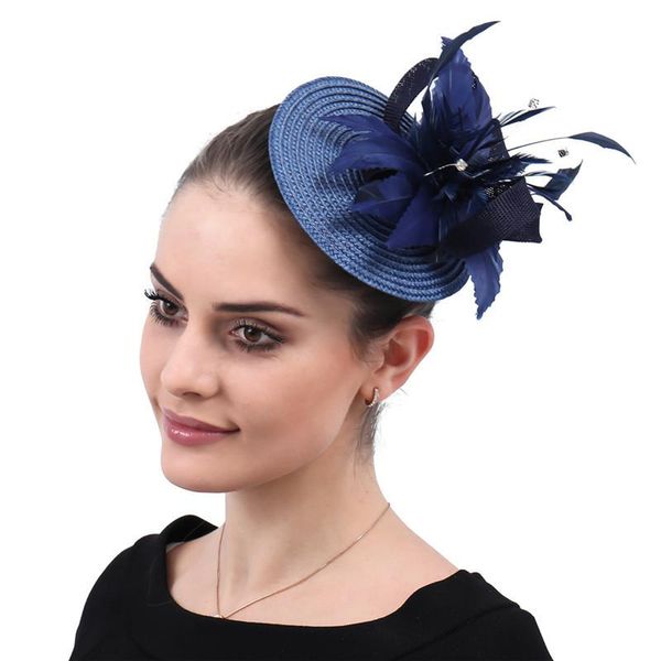 

boutique blue bridal small hat imiation grass flax feather bow-knot beading bridal wedding headpiece banquet hair ornaments