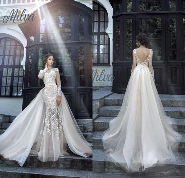 2020 Novo Lindo Milva Nupcial Vestidos de Noiva Ilusão Longa mangas Longas Vestido de Laço Sereia vestido de noiva com saia destacável 4634
