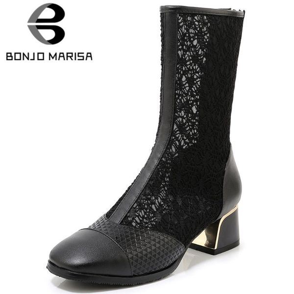 

bonjomarisa fashion girls summer boots mid calf hollowing high heels lace round toe boots women casual office shoes woman, Black