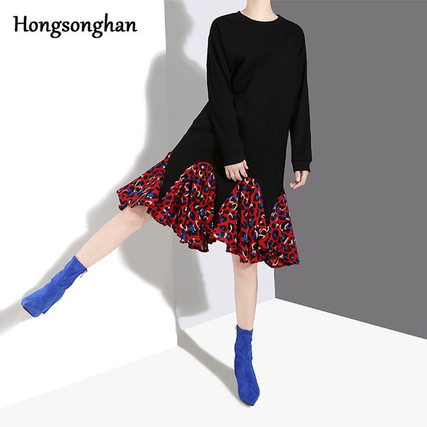 

hongsonghan 2019 spring new korean women's manufacturers round collar long sleeve dress splicing floral flounces dress tide, Black;gray