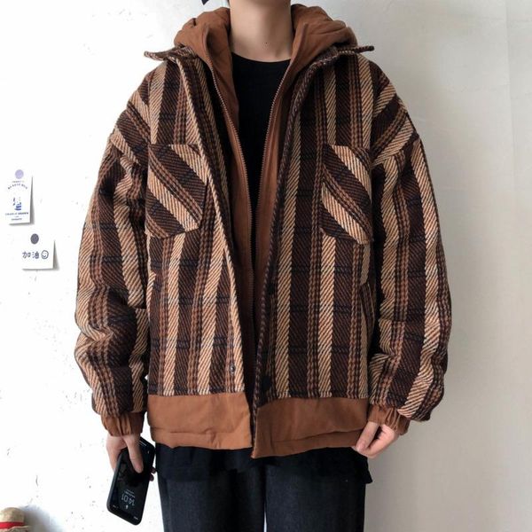 

winter thicken plaid woolen jacket men's warm parka men fashion retro casual hooded coat man loose cotton jacket male clothes, Black