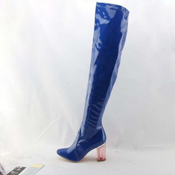 

chaussures femme fashion blue patent leather women over the knee thigh high heel boots ladies rain boots, Black
