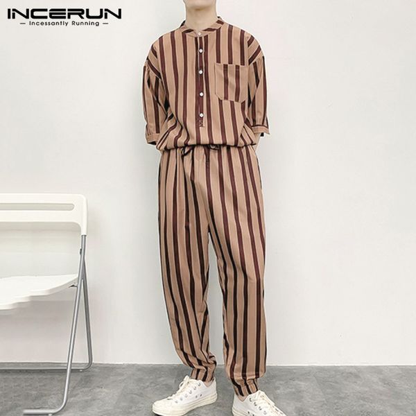 

summer fashion men sets striped 2020 half sleeve round collar shirts casual pants joggers mens suit tracksuit streetwear incerun, Gray