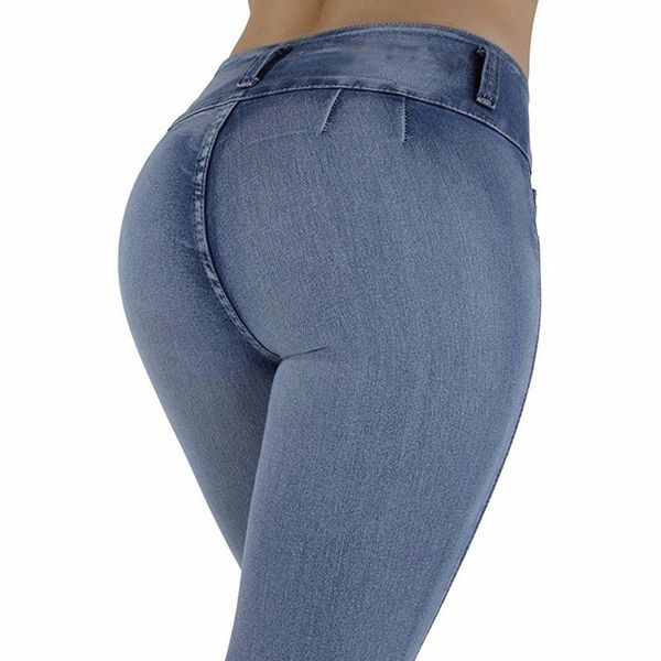 

women jeans high waist skinny bulifting elastic bodycon pencil push up hip cotton ladies jeans femme denim pants, Blue