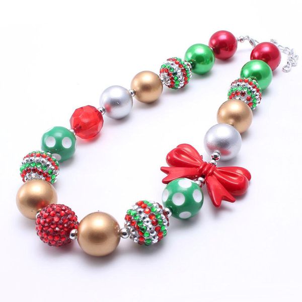 Neues Design Weihnachten Baby Kind Klobige Halskette Bestes Geschenk Rote Schleife Kaugummi Perle Klobige Halskette Schmuck Für Baby Kind Mädchen