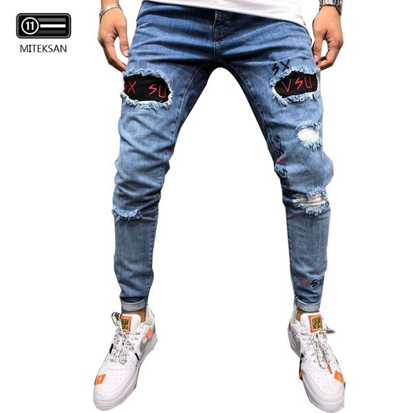 

men's skinny slim fit printed jeans cotton sportpant european and american men's jeans zippers streetwear hole denim pants men, Blue