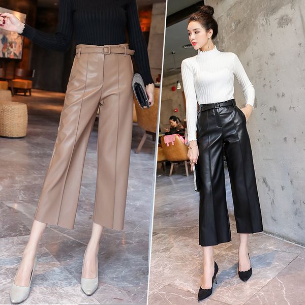 2019 herbst Marke Neue Frauen PU Leder Hosen Mit Gürtel Hohe Taille Faux Leder Damen Hosen Winter Hosen Breite Bein Hosen pantalon V191028