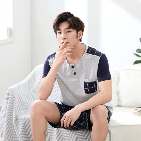 

summer 100%cotton men's pajamas set short +short pants two pieces set pyjamas round neck casual loose plus size sleepwear, Black;brown