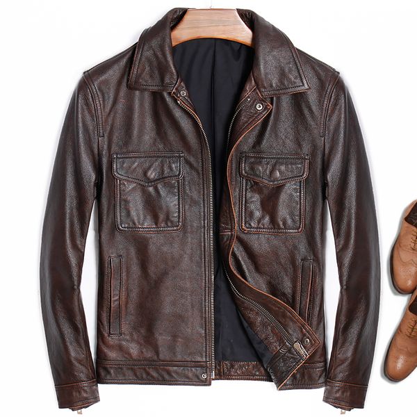 

factory 2018 new men brown fashion motorcycle cow leather jacket 100% real cowhiede slim fit jackets small size m-4xl, Black