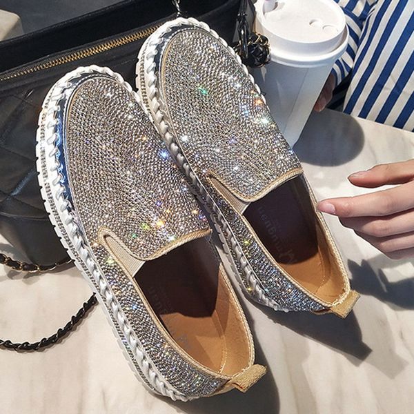 

loafers shoes women silver crystal slip on platform casual shoes woman shinning bling black flat heels dropship