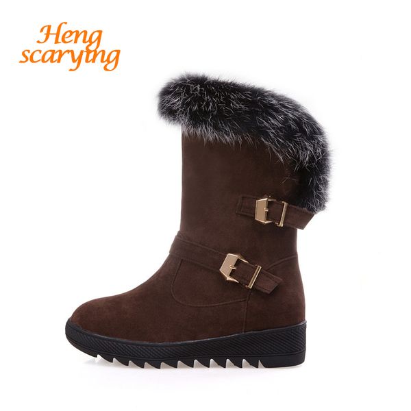 

2018 women plus size fashion suede fur boots winter mid calf brown flats cute short boots female warm flats bootee brown shoes, Black