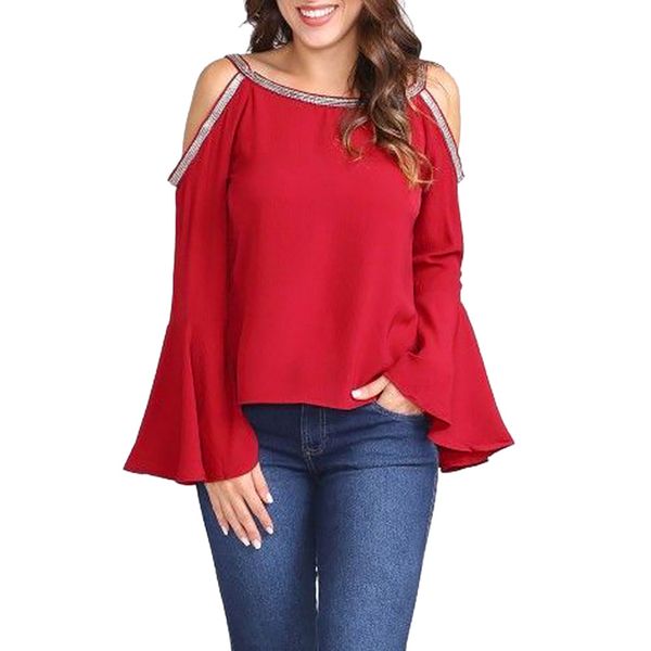 

womens and blouses 2018 streetwear sequin cold shoulder long sleeve shirts tunic flare sleeve ladies clothes womens, White