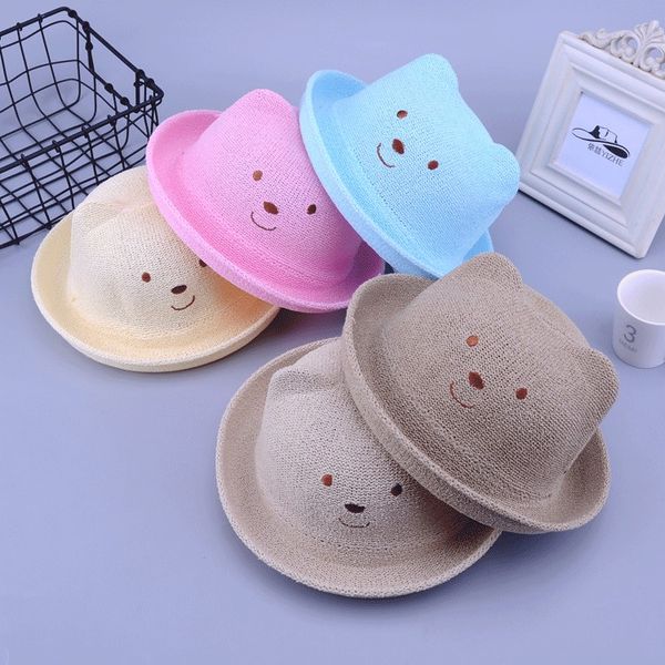 

cartoon animal children straw hat cute summer ear decoration sun hats for kids girls boys solid floppy beach cap panama, Blue;gray