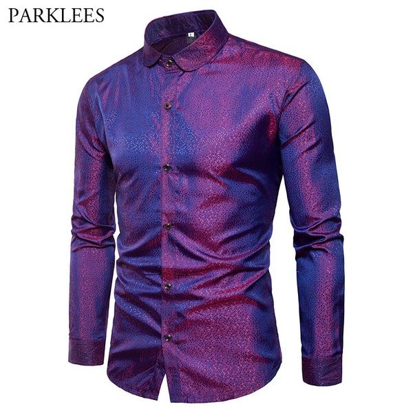 

shiny purple dot silk satin shirt men brand penny collar slim fit dress shirts mens club wedding party causal social shirt male, White;black