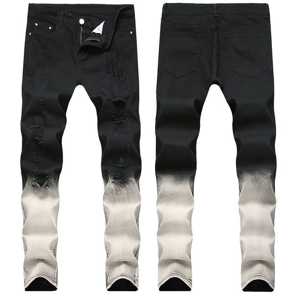 

men's jeans tide black and gray gradient colorblock print fold slim st retch tide jeans mens, Blue