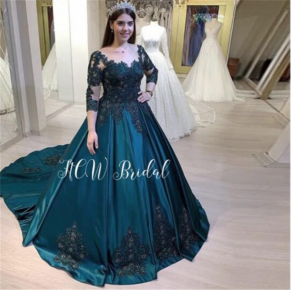 

graceful dark green princess evening dress half sleeve 2019 gorgeous long train lace satin formal occasion dresses custom made, White;black